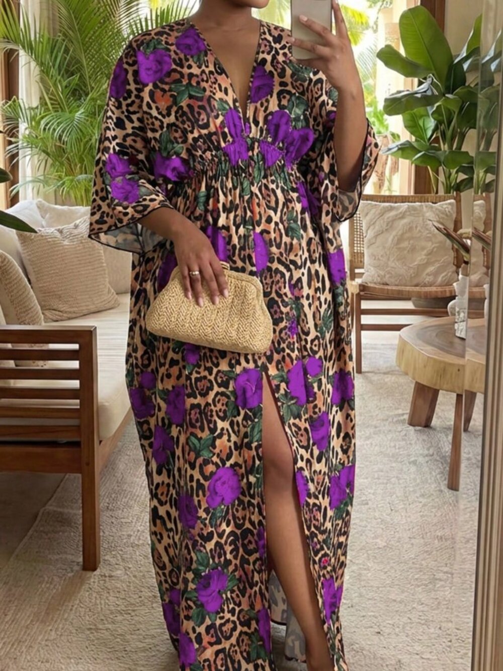 Purple Boho Women's Plus Size Leopard Print V-Neck Split Hem Dress